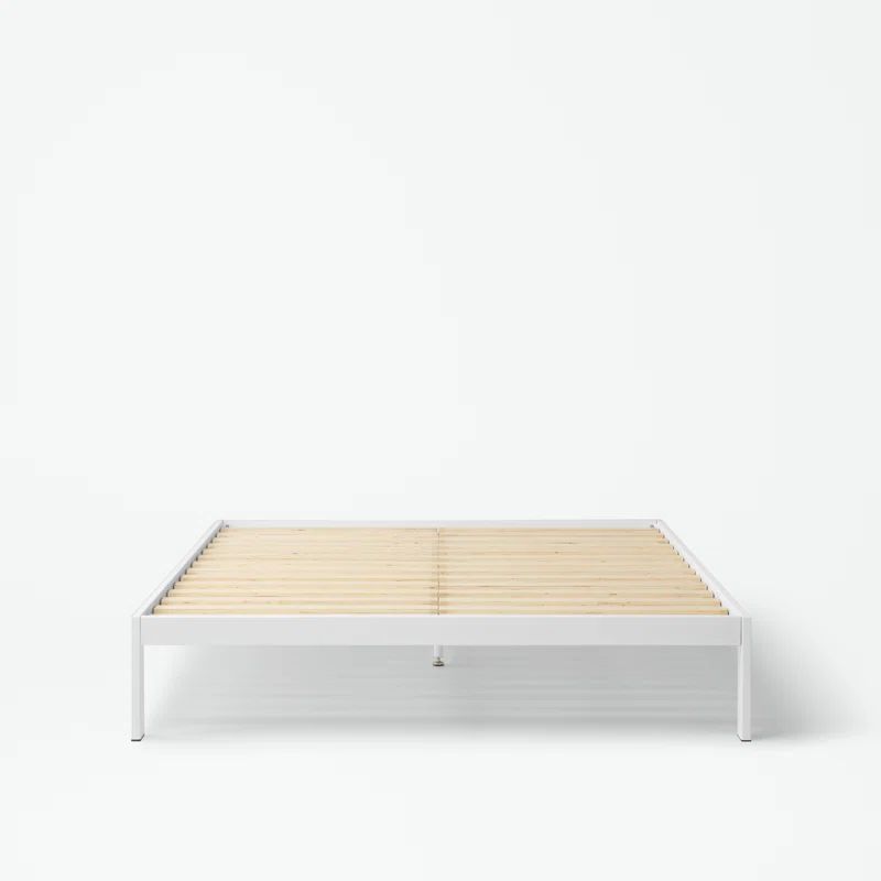King White Metal Platform Bed Frame with Slats
