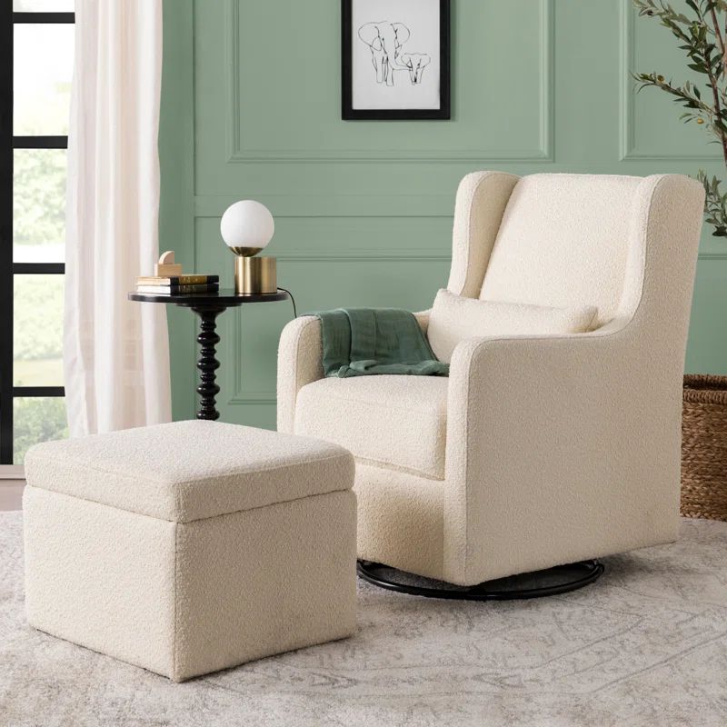 Ivory Boucle Gentle Swivel Glider with Storage Ottoman
