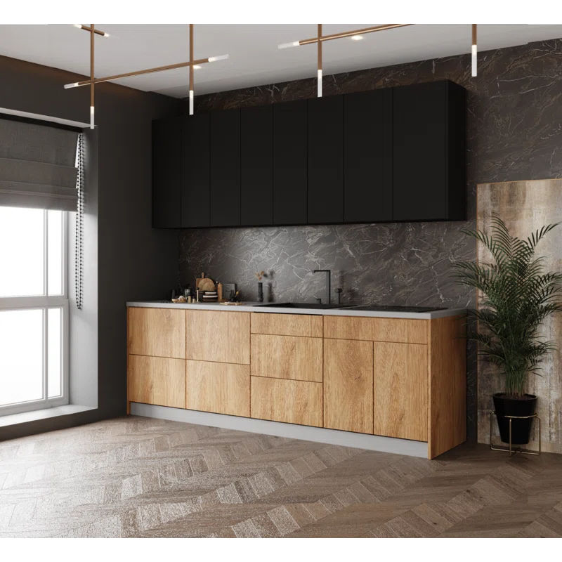 Natural Teak and Black 8.5ft Kitchen Cabinet Set