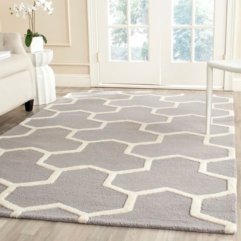 Silver and Ivory Hand-Tufted Wool Geometric Rug