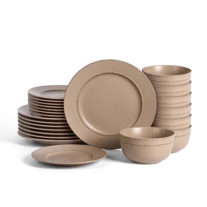 Sand Ceramic 24-Piece Dinnerware Set with Hand-Painted Rims