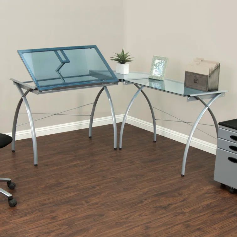 Futura L-Shaped Silver and Blue Glass Drafting Desk