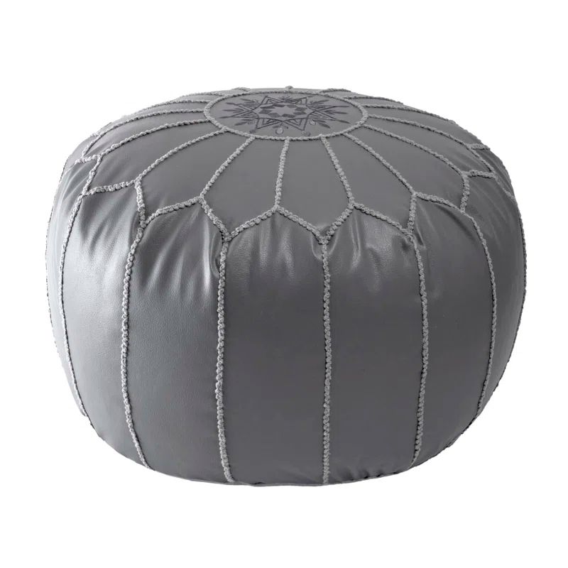 Gray Round Faux Leather Moroccan Ottoman Pouf