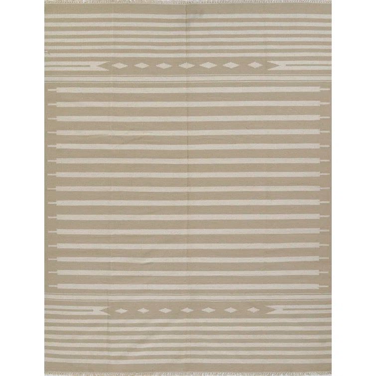 Beige and Ivory Geometric Wool Flat Woven Area Rug 5' x 7'