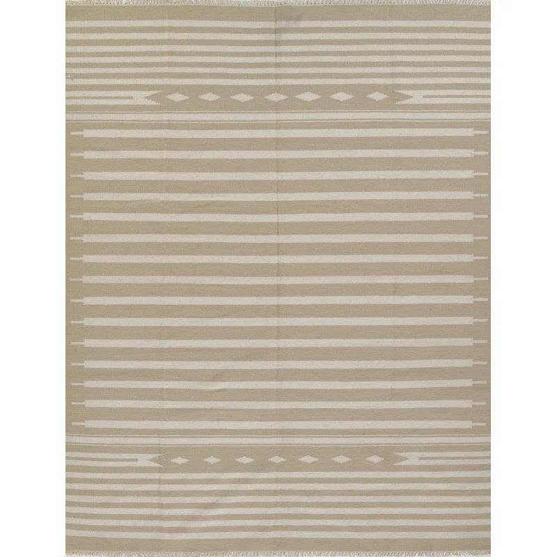 Beige and Off-White Geometric Wool Flat Woven Rug 2' X 3'