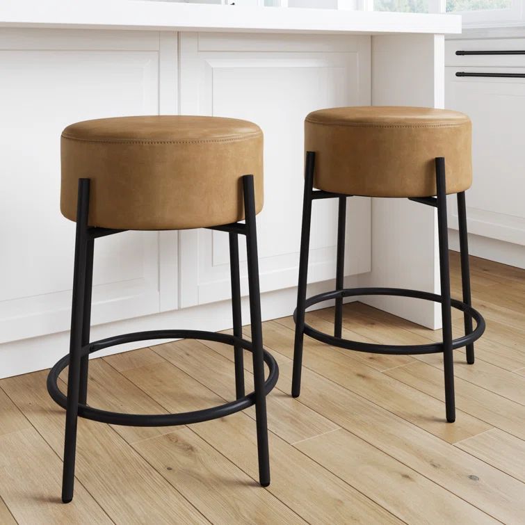 Light Brown Faux Leather Backless Counter Stools with Black Metal Frame
