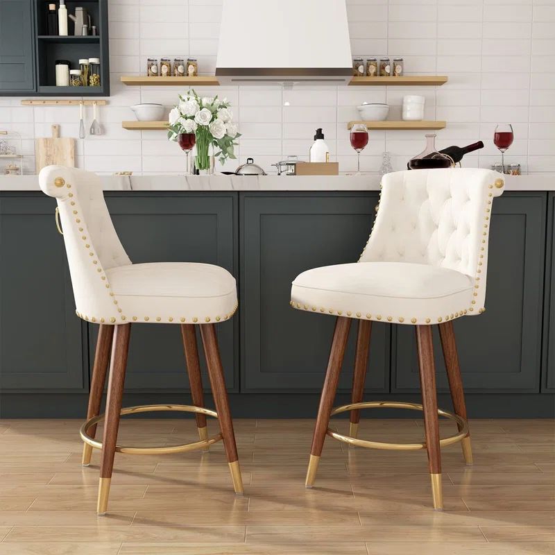 Beige Velvet Upholstered 24" Swivel Counter Stools with Wood Legs