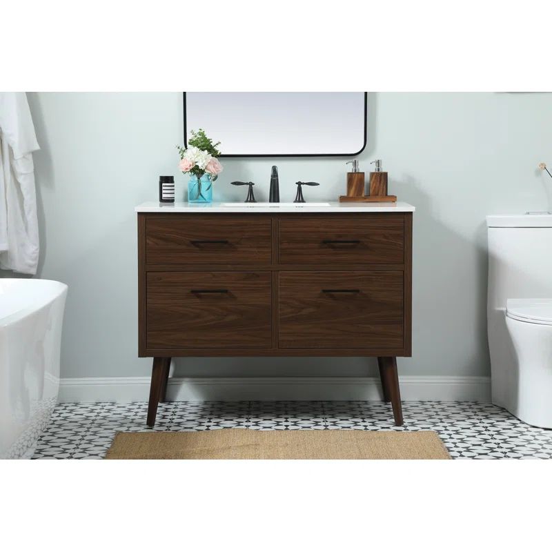 Walnut Freestanding Single Vanity with Engineered Marble Top