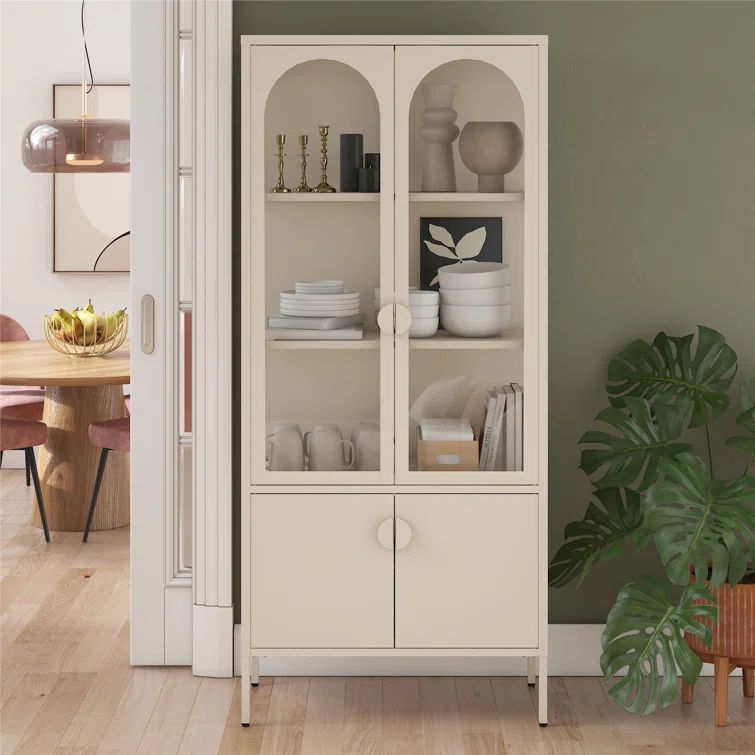 Chloe Tall Parchment Steel Display Cabinet with Arched Glass Doors
