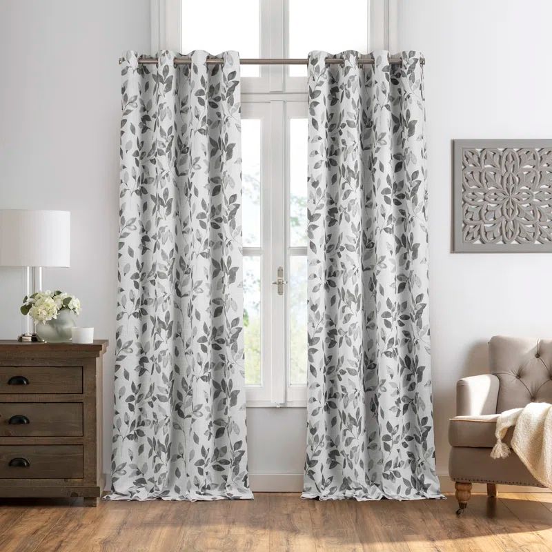 Gray Botanical Leaf Print Blackout Linen Blend Curtain Panel