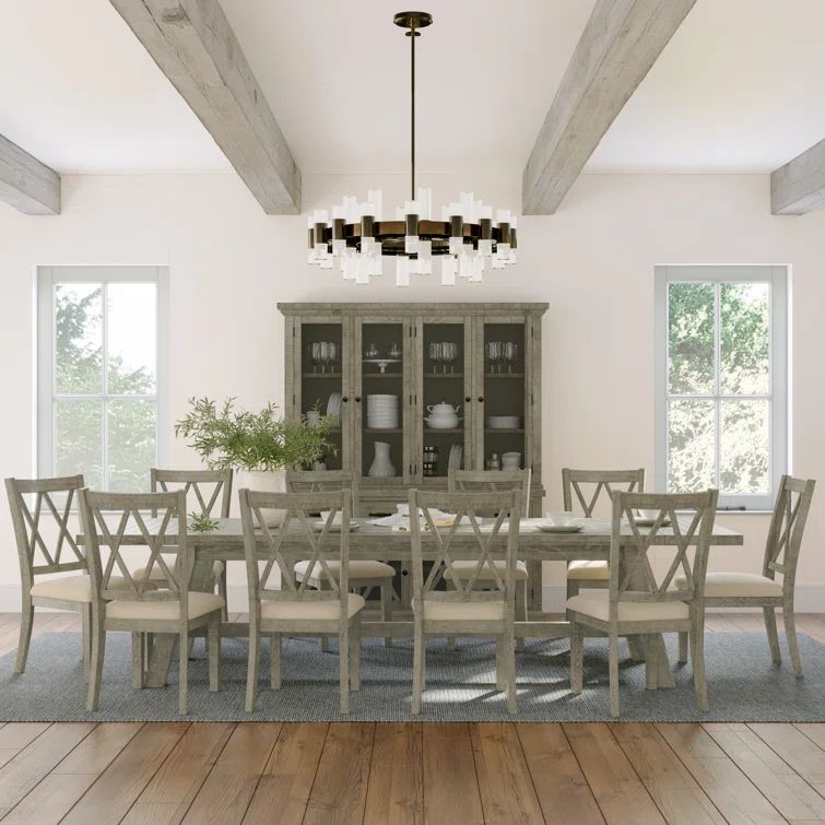 Gray Pine Extendable Trestle Dining Set with 8 Chairs