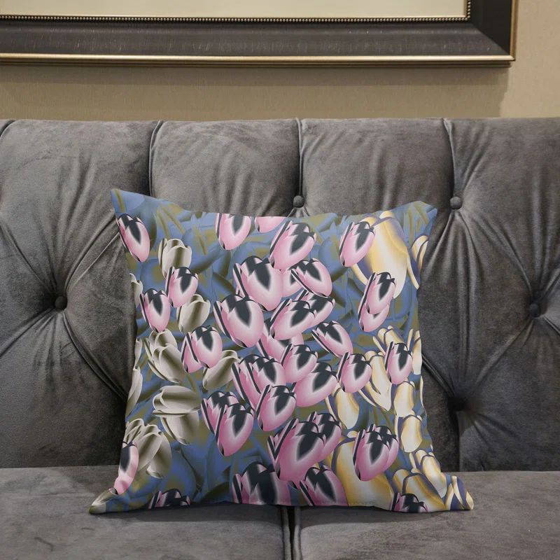 Tulip Bouquet Faux Suede Throw Pillow in Pink, Silver, and Gold