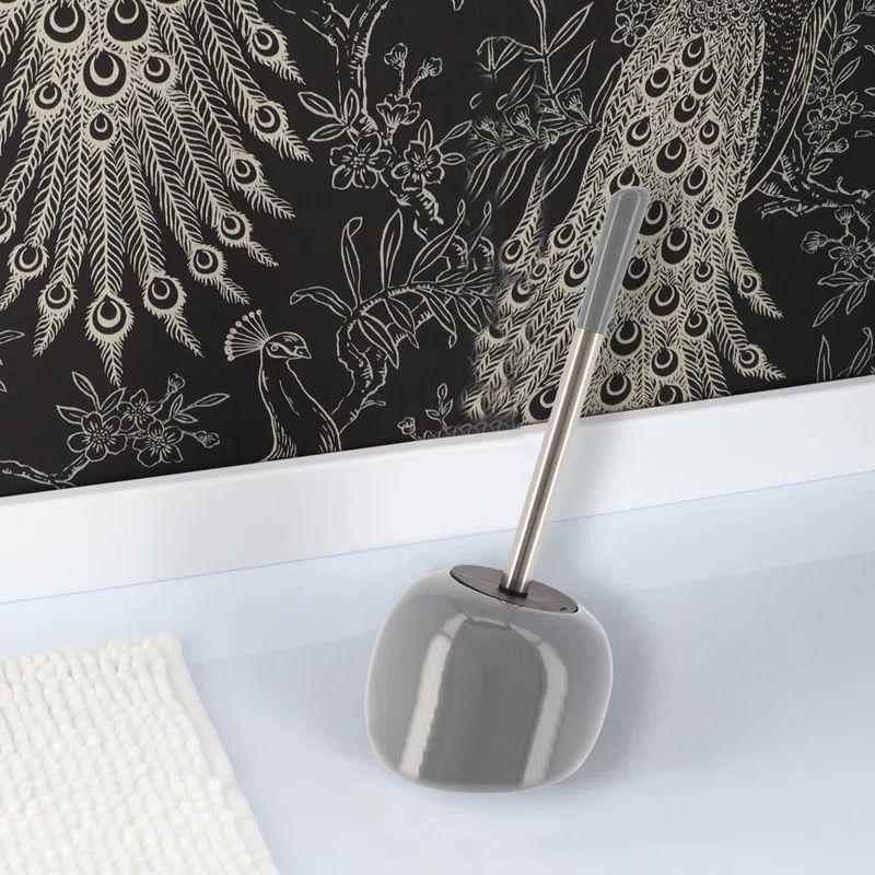 Grey Stoneware Toilet Brush and Holder Set with Stainless Steel Handle
