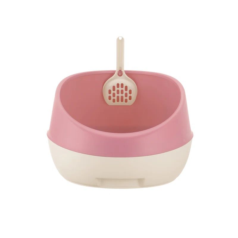 Salmon Pink and White Plastic Rimmed Cat Litter Pan with Scoop