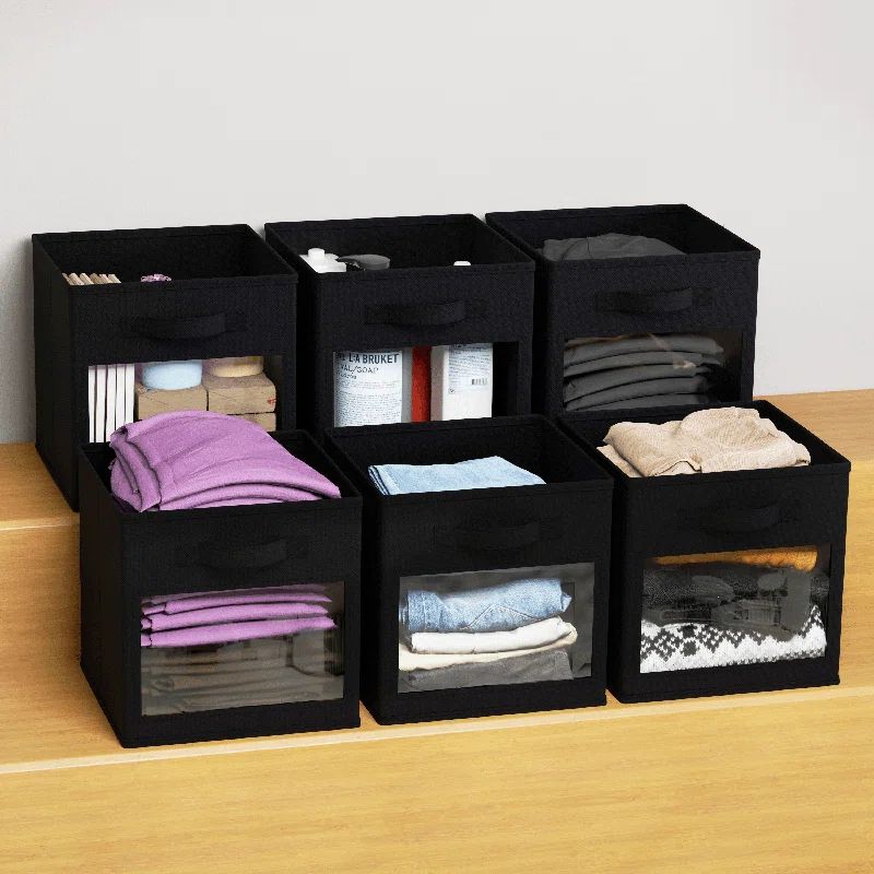 Black Fabric Foldable Storage Cubes with Clear Windows, Set of 6