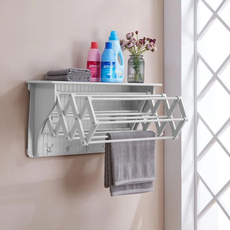 36" White Metal and Wood Wall-Mount Drying Rack with Hooks
