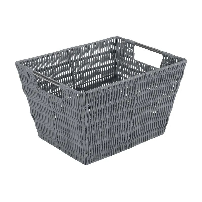 Charcoal Gray Rectangular Rattan Storage Basket with Handles