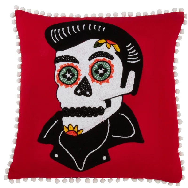 Red Sugar Skull Embroidered Square Pillow with Tassels