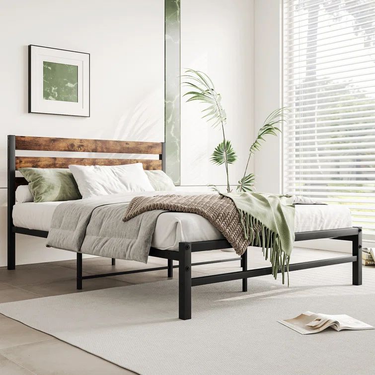 Full Size Black Metal Frame Bed with Rustic Brown Wood Headboard