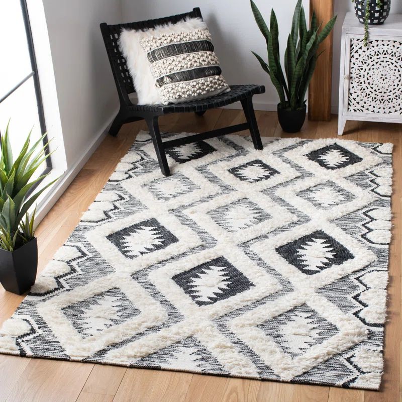 Hand-Knotted Black Wool Blend Rectangular Area Rug - 5x8 Feet