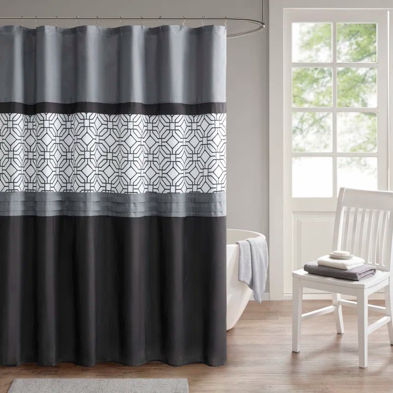 Black and Gray Geometric Embroidered Fabric Shower Curtain with Liner