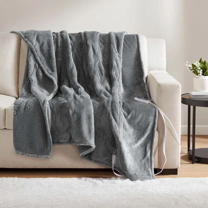 Gray Electric Heated Reversible Fleece Sherpa Throw Blanket