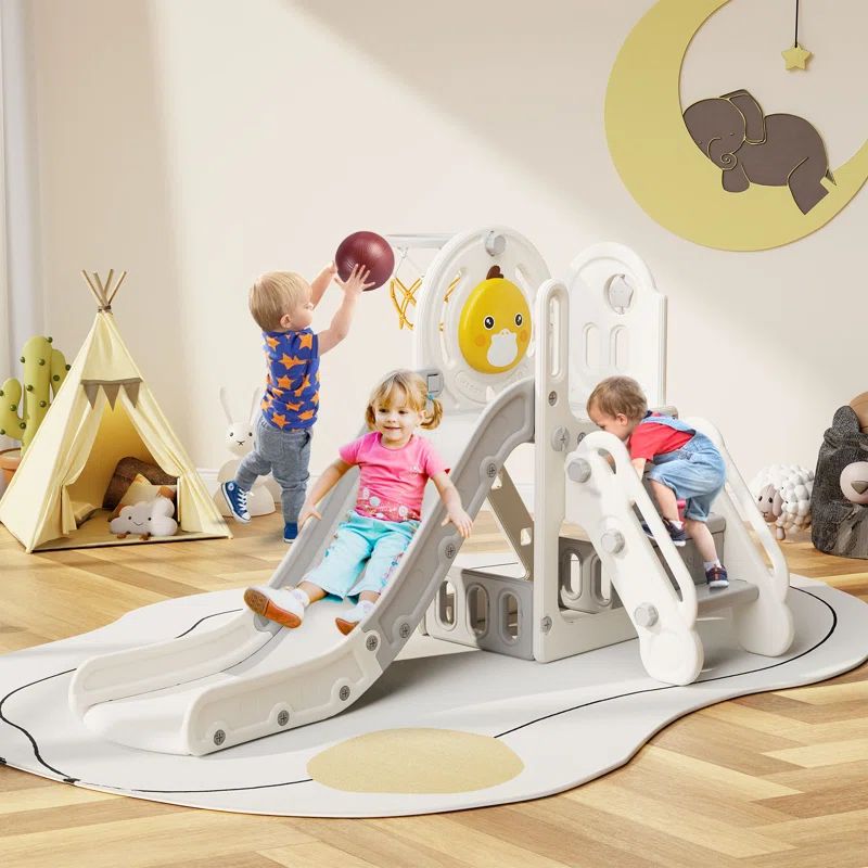 Gray and White 5-in-1 Toddler Slide with Basketball Hoop