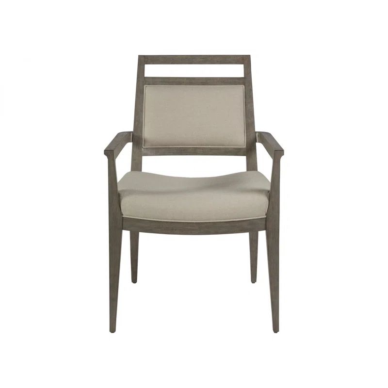Gray Linen Upholstered Arm Chair with Mahogany Wood Frame