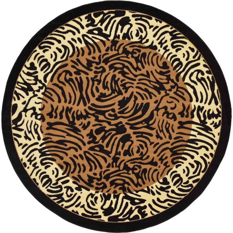 Round 7'10" Light Brown and Black Animal Print Synthetic Rug