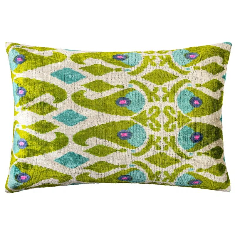 Handmade Green and Blue Ikat Silk Velvet Lumbar Pillow