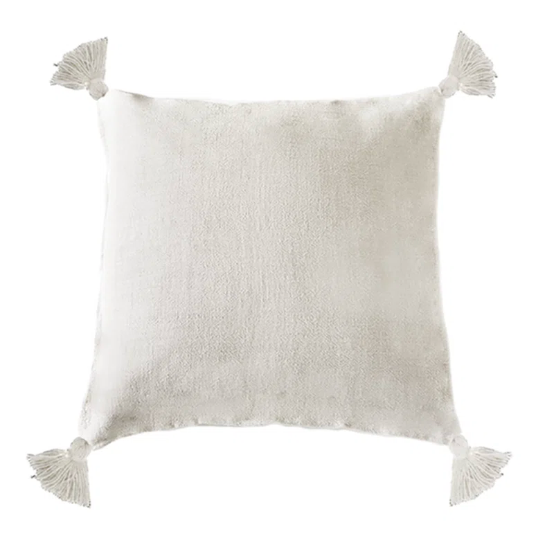 Cream Linen Square Pillow with Tassels, 20 x 20 in.