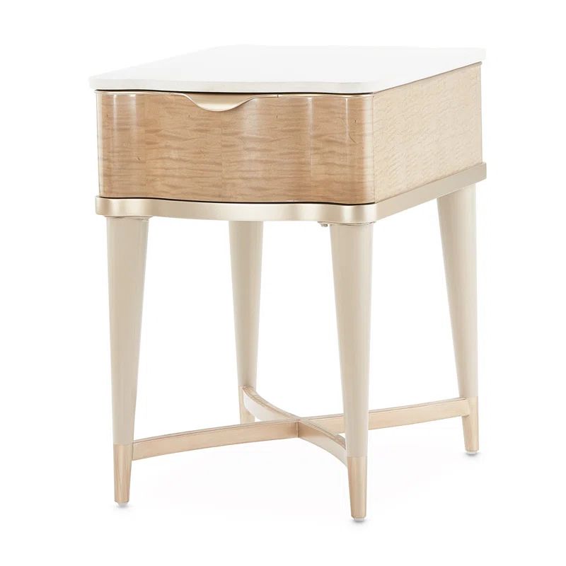 Beige and Cream Marble Top End Table with Storage