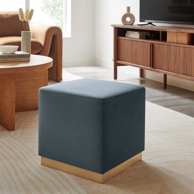 Cadet Blue Velvet Upholstered Ottoman with Rubberwood Base