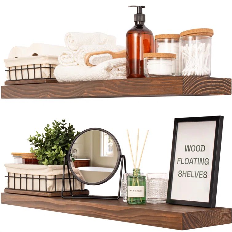 Walnut Pine Wood Floating Wall Shelves, Set of 2