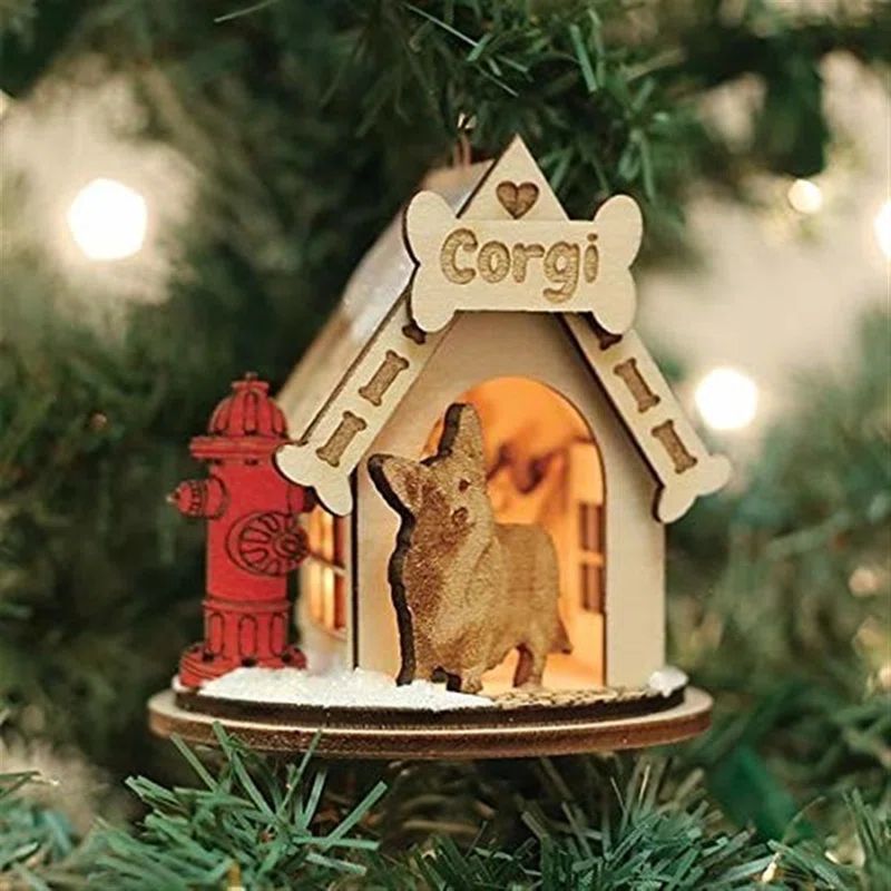 Laser-Cut Wooden Corgi Doghouse Christmas Ornament