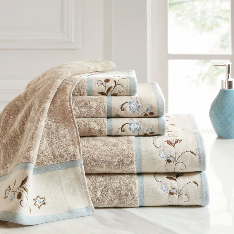 Navy Embroidered Cotton Jacquard 6-Piece Towel Set