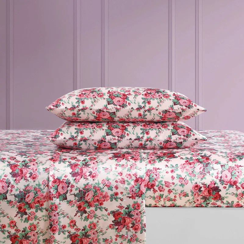 Vintage Floral Pink Satin Full Sheet Set