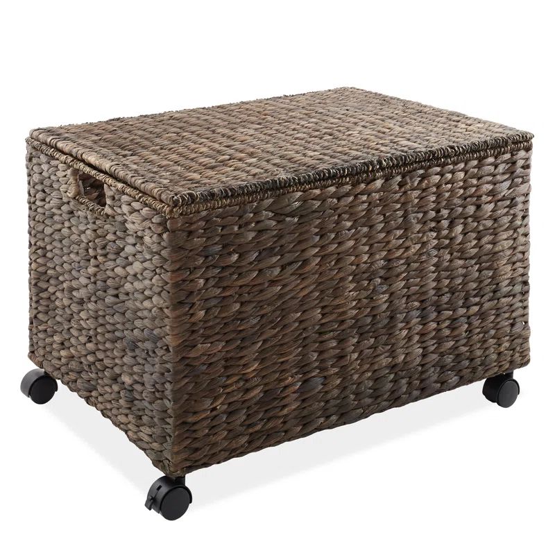Espresso Wicker Rolling Storage Basket with Lid and Wheels