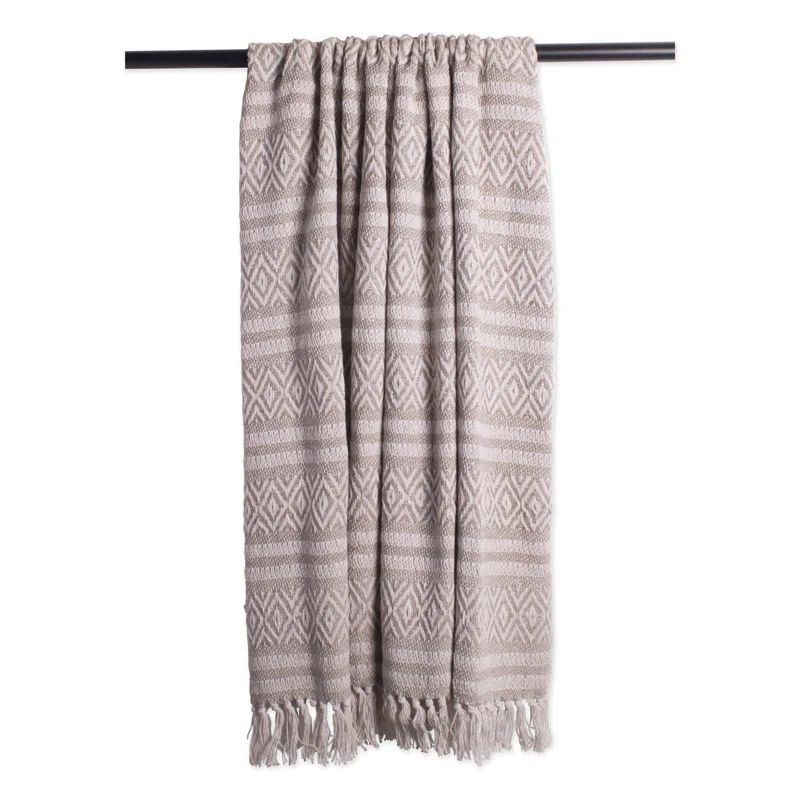 Navy and Off-White Cotton Striped Throw Blanket with Fringe