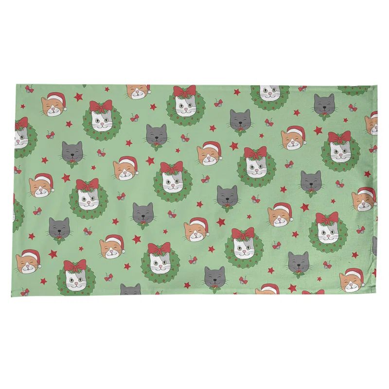 Festive Cat Pattern Olive Green Fabric Tablecloth