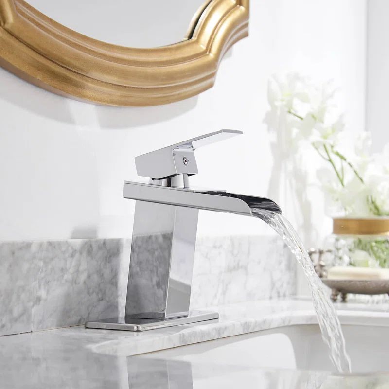 Chrome Waterfall Single-Hole Bathroom Faucet with Drain Assembly