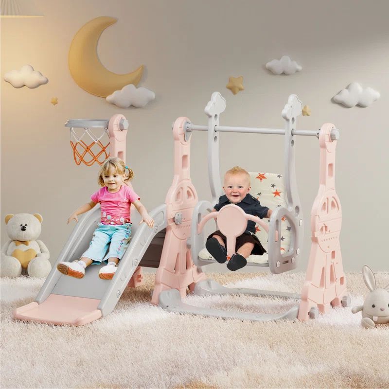 Pink and Gray 4-in-1 Toddler Slide and Swing Set
