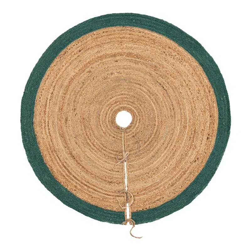 Handmade Round Green and Beige Jute Christmas Tree Skirt
