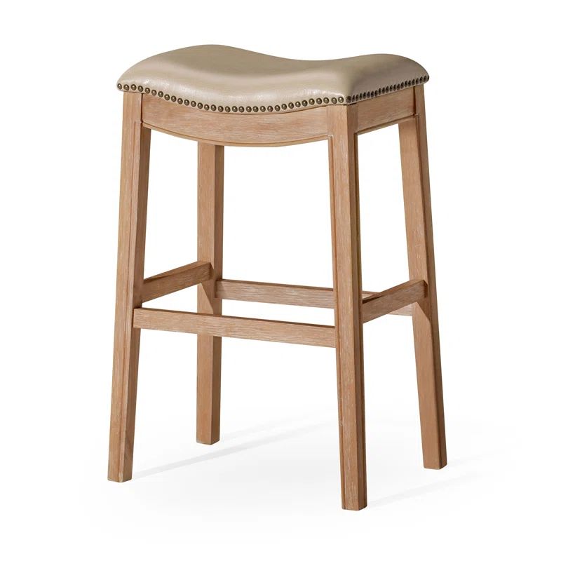Weathered Oak Backless Saddle Barstool with Vegan Leather Seat