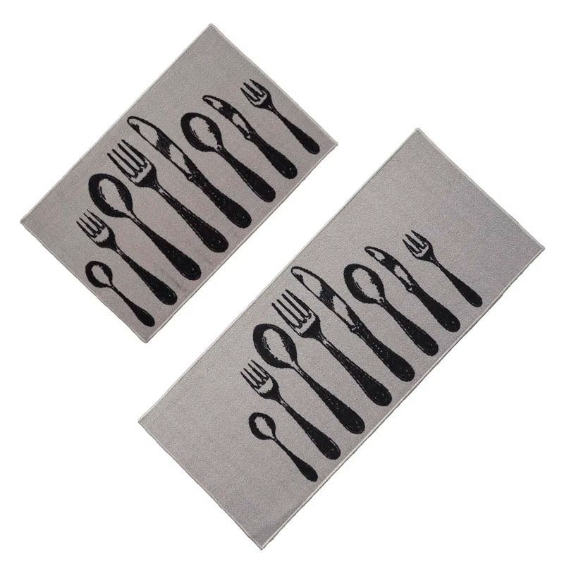 Gray and Black Synthetic Kitchen Mat and Runner Set