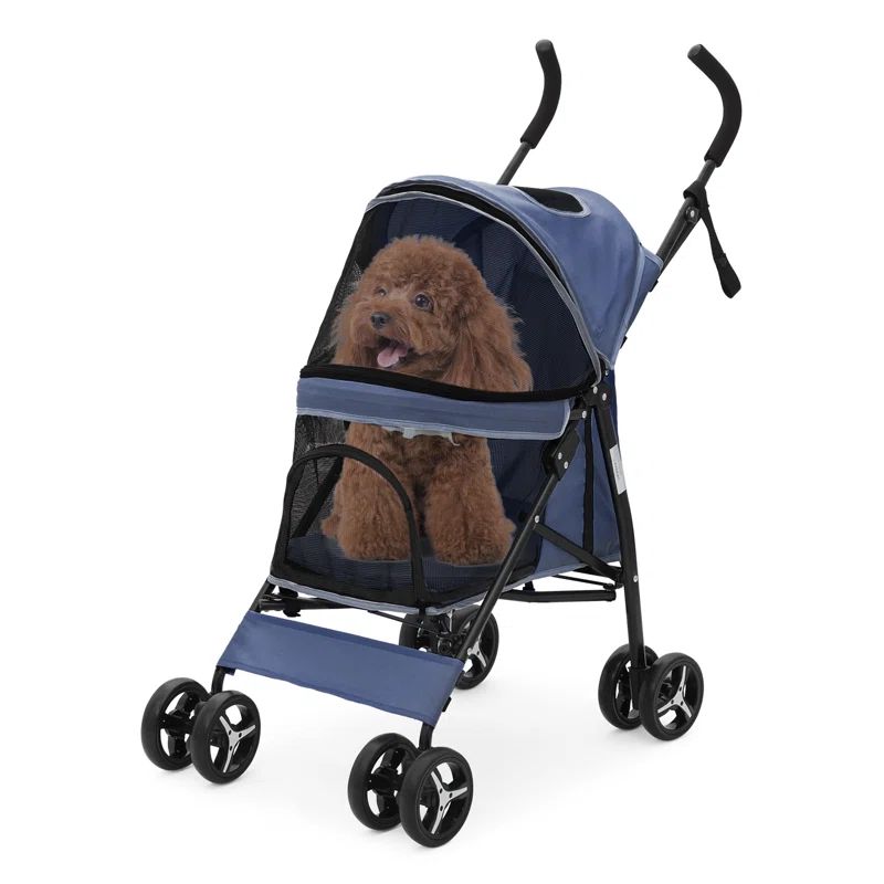Navy Blue Foldable Lightweight Pet Stroller with 4 Wheels
