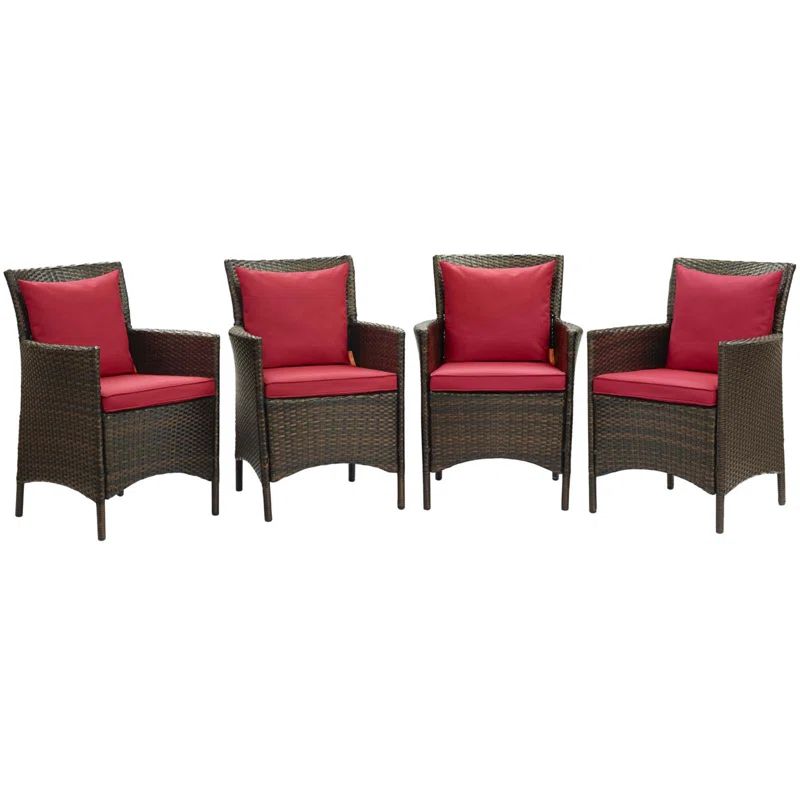 Brown Wicker Rattan Outdoor Dining Chairs with Red Cushions