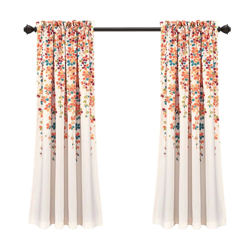 Turquoise and Tangerine Floral Blackout Polyester Curtain Panels