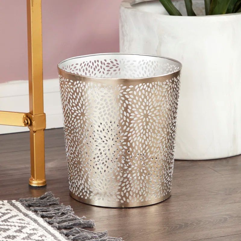 Silver Metal Round Waste Bin with Laser Cut Floral Design