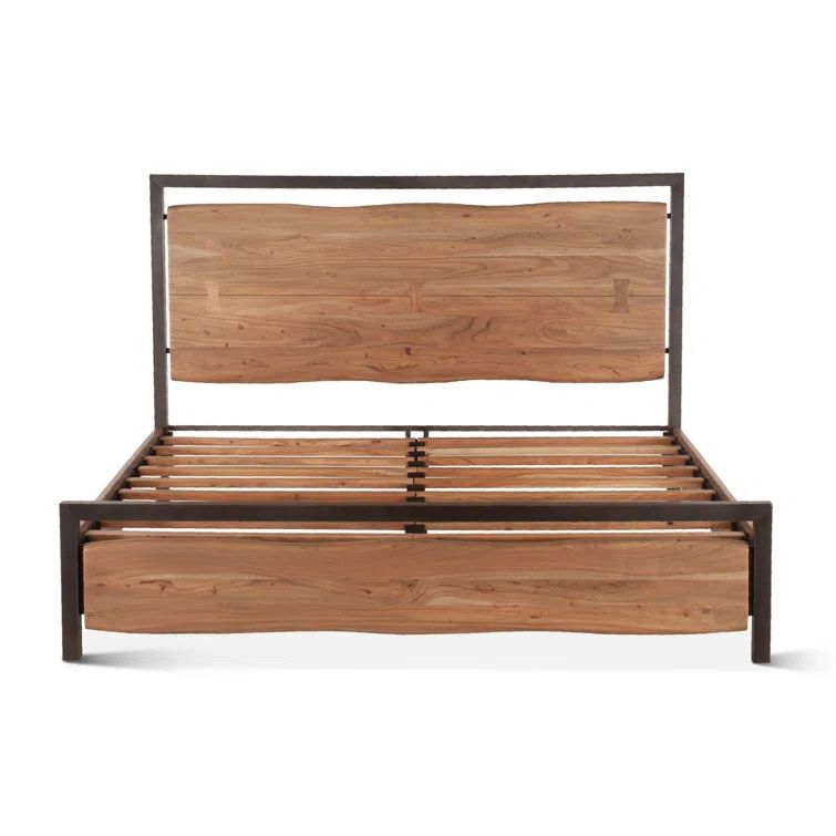 Queen Acacia Wood and Reclaimed Iron Platform Bed with Bookcase Headboard